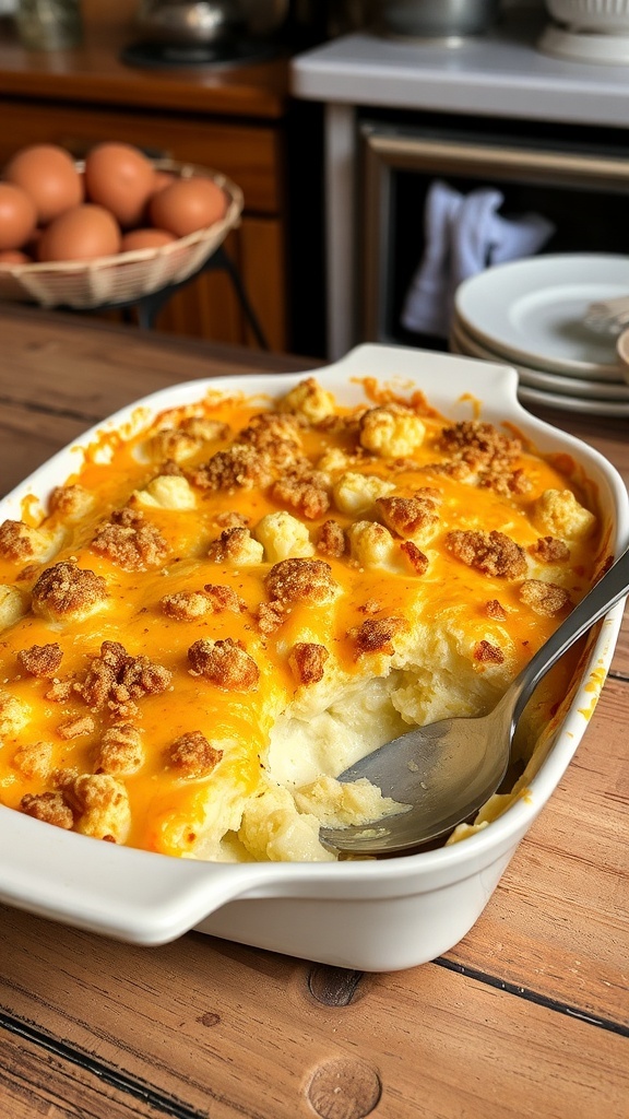 Cheesy cauliflower bake with breadcrumbs and melted cheese in a baking dish on a wooden table.